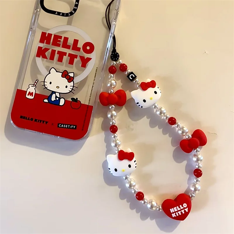 Kawaii Sanrio Hello Kitty Mobile Pendant Anti-lost Lanyard Cute Cat Key Short Wrist Rope Jewelry Keychain Women Hand-held Chain