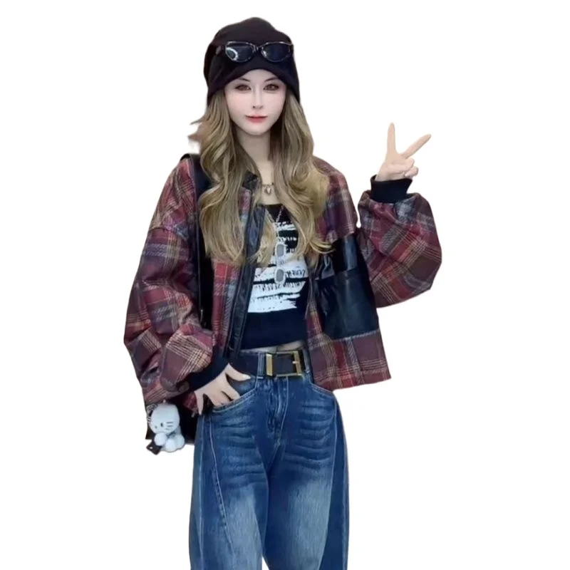 Kurze Damenjacke aus Pu-Karo-Stoff, lockere Mode und Individualität, lässt Sie jüngere aussehen, Frühlings-Herbst-Neue Pu-Lederjacke