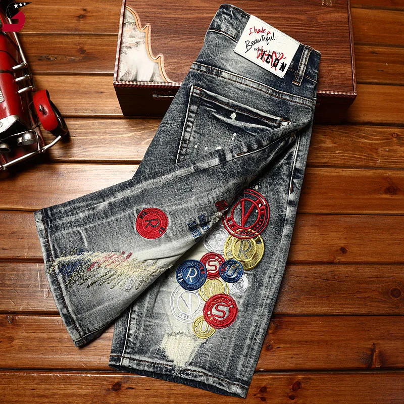 High-End Trendy Embroidery Denim Shorts Men\'s Hole & Patch Personalized Stretch Slim Fit Fashion Casual Motorcycle Fifth Pants