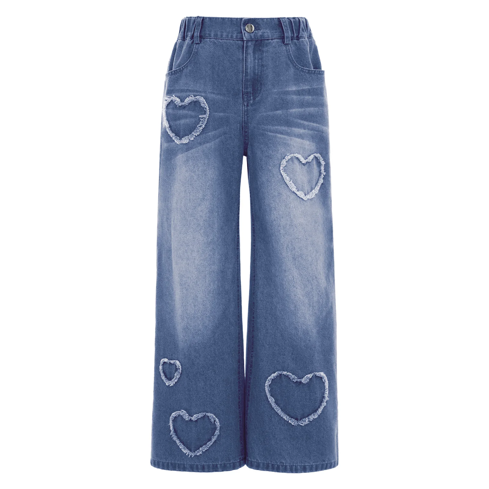 

Kids Girls Denim Pants Heart-shaped Patchwork Raw Edge Elastic Waist Jeans Wide Legs Long Pants Casual Daily Hiking School Pants