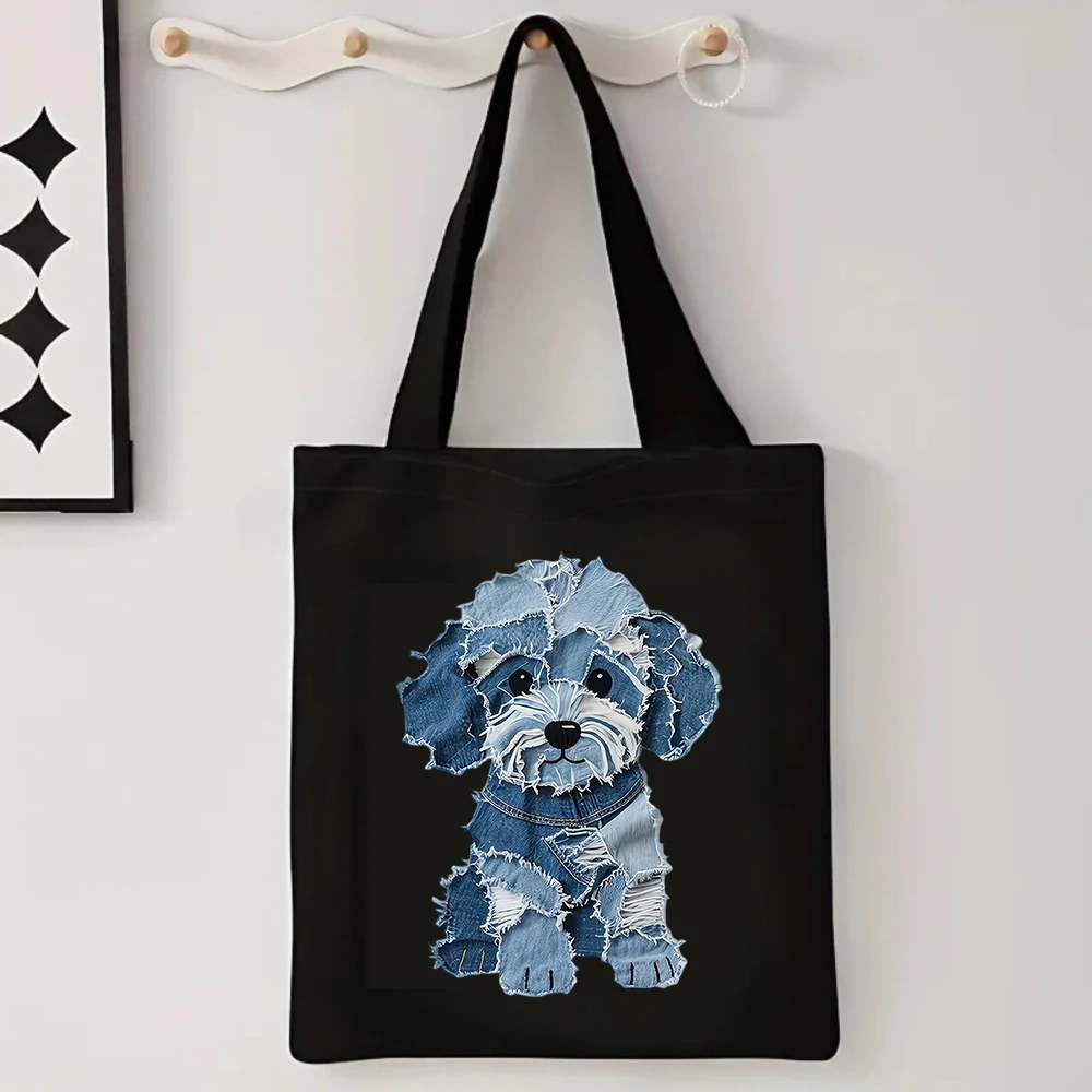 Creative Denim Patchwork Dog Canvas Tote Bag Unique Puppy Graphic Aesthetic Crossbody Bag Reusable Eco Shoulder Handbag