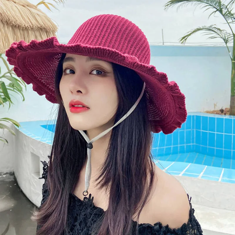 Fashion Wave Edge Empty Top Hat Female Summer Outdoor Sunscreen Hat Beach Outing Sun Hat Curled Large Brimmed Grass Hat Headwear