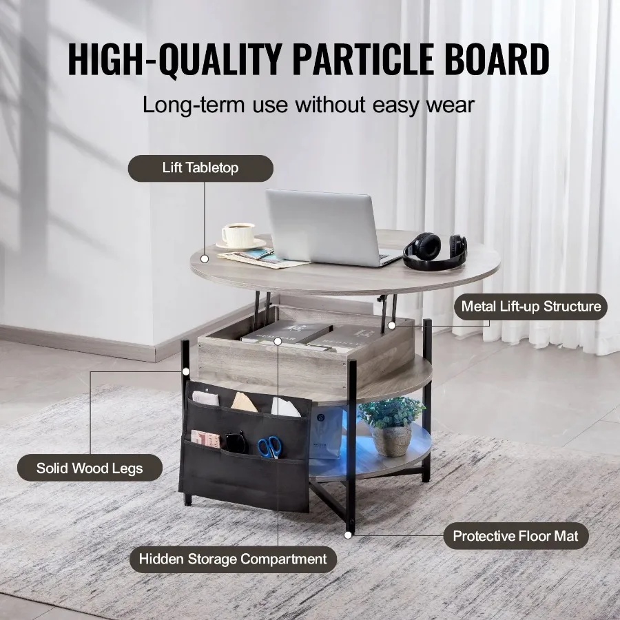 Round Coffee Table 35.3 Inch White Lift Top for Living Room