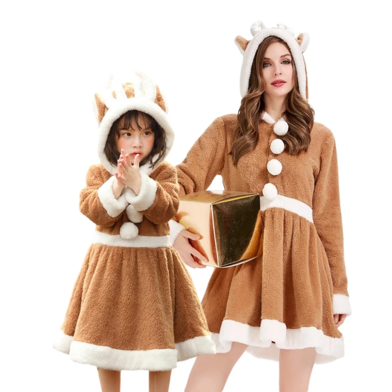 

Halloween Christmas Cute Reindeer Elk Costume Cosplay Animal Loose Warm Coral Fleece Pajamas Dress Parent-child Makeup Outfits