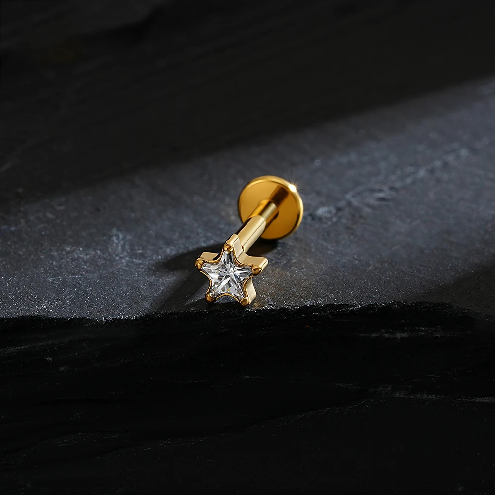 Right Grand ASTM F136 Titanium Star CZ Cartilage Earring 16G Dainty Star Flat Back Stud Internally Threaded Tragus Conch Helix Nose Labret Stud Piercing Jewelry