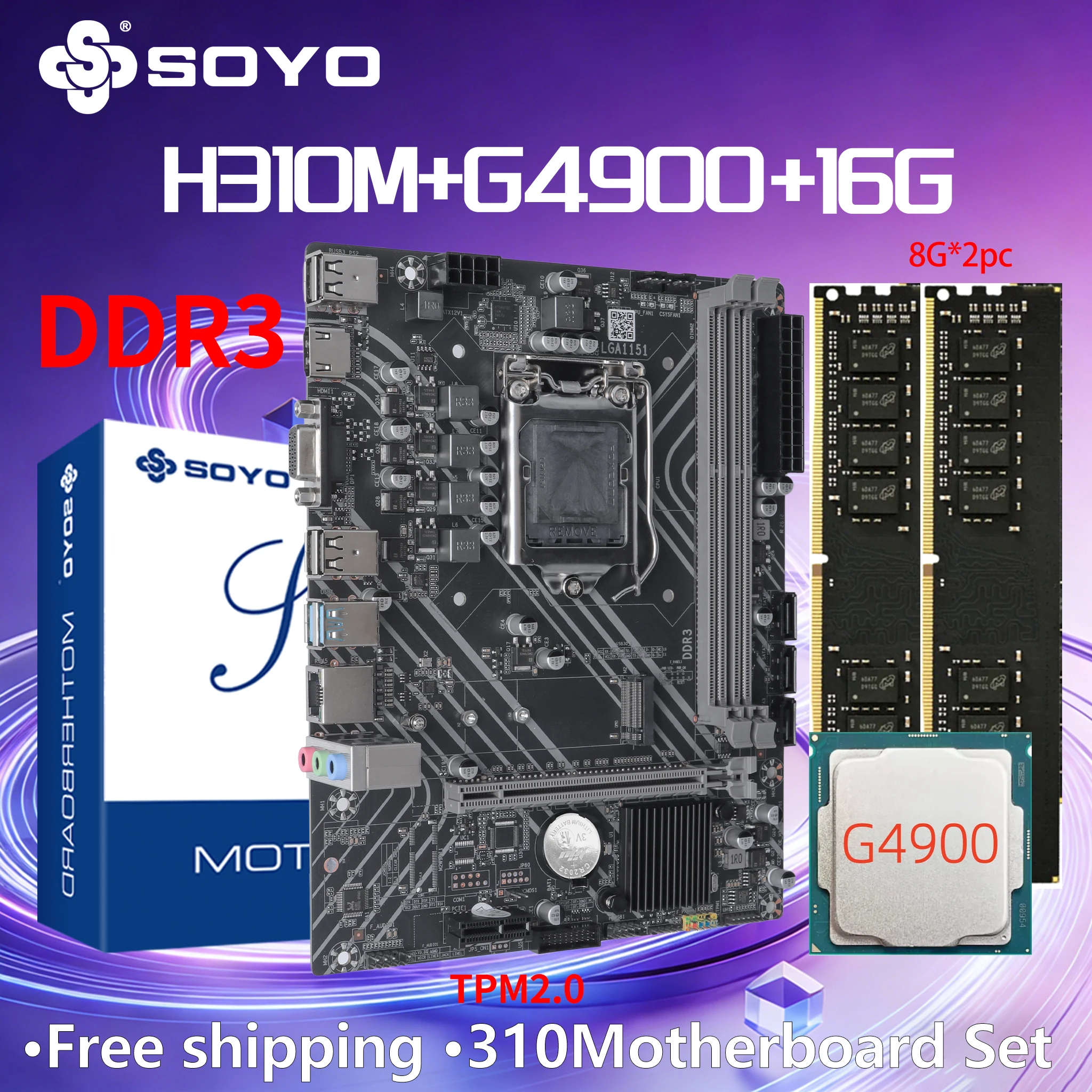Placa-Mãe SOYO H310M DDR3 16G=(8G*2) RAM G4900 CPU Intel LGA1151 TPM2.0 Kit Combo de Computador Xeon PC GAME PCIE3.0*16