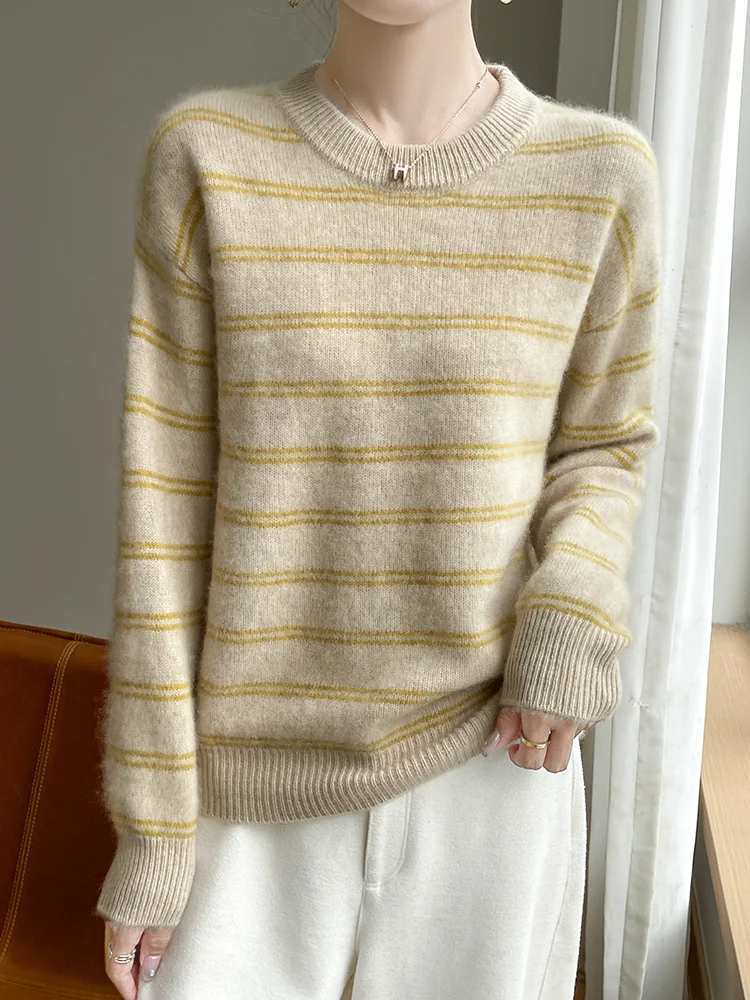 

Elegant Autumn Winter Woman Pullover New Fashion Female 100% Merino Wool Sweater Striped Knitwear Lady Long Sleeve Clothing Tops