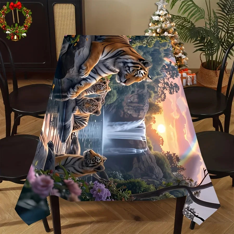 JIT - 1 piece of natural ecological jungle-style decorative tablecloth, featuring tigers and waterfall sunset colorsxzj