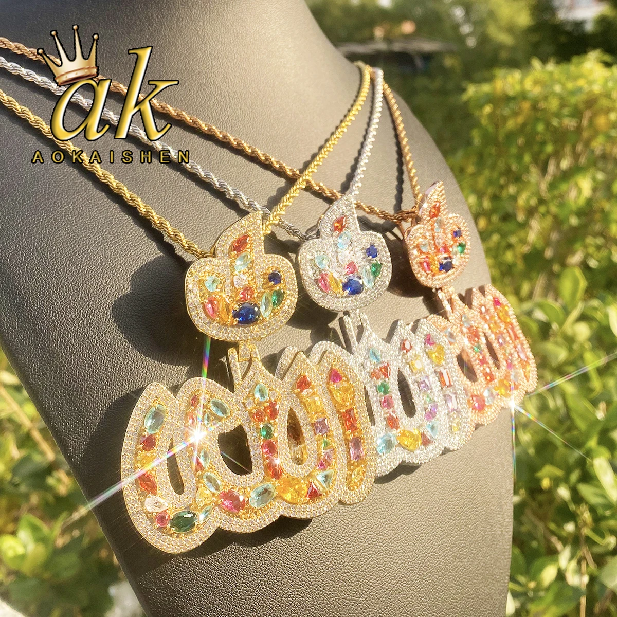 Aokaishen Iced Out Colorful Allah Necklace Pendant for Men 5A Copper Cubic Zirconia Hip Hop Jewelry