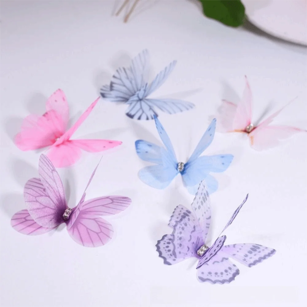 50Pcs 3D Organza Fabric Butterfly Appliques Rhinestone Double-layer Chiffon Butterfly Embroidered Patches Colorful Translucent