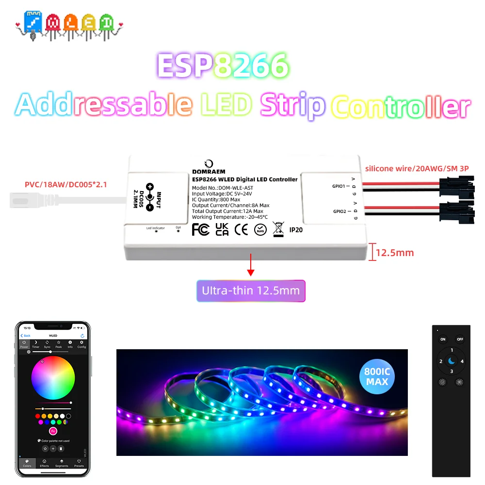 DOMRAEM ESP8266 WLED LED Strip Controller - Ultra-Thin 2CH 12A Max, Drives 800ICs, WS2811/WS2814/SK19703 Compatible, SPI Effec