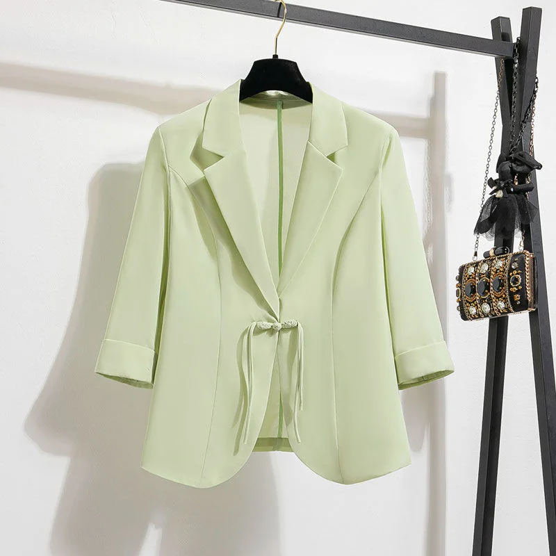 Pink Suit Jacket For Women's 2024 Summer Temperament Single Button Up Seven Quarter Sleeve Suit Top Green Blazer Black Jacket