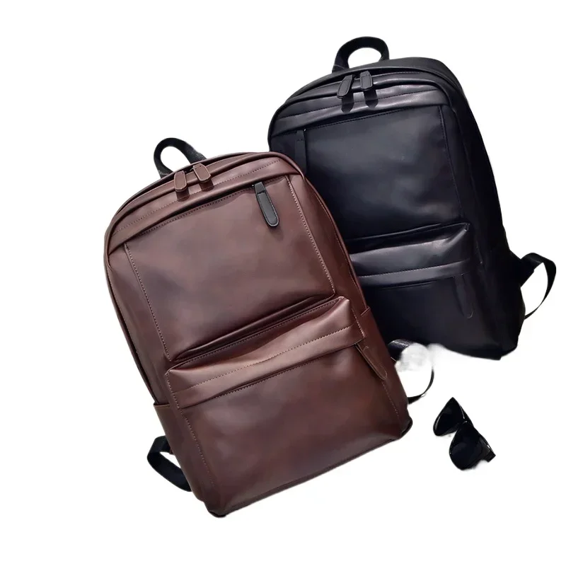 Travel Middle School School Bag Wholesale New Pu Leather Backpack Double Pocket Horizontal Pull Large Backpack