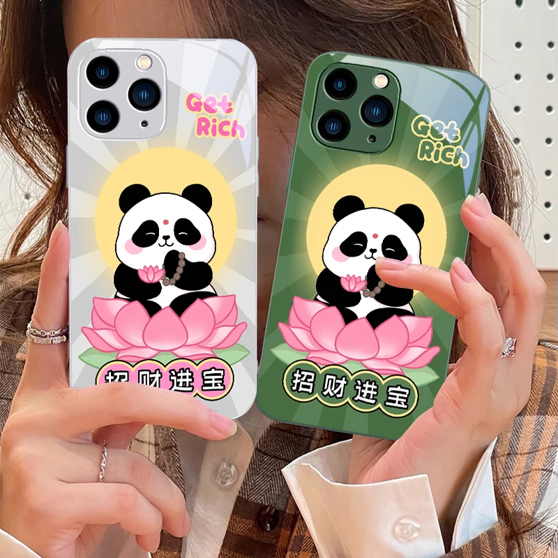 นั่งLotus PandaสําหรับIPhone 16 Pro Max 15 Pro 14 13 12 Mini 11 XS Max XR 7 8 Plu SE 2022 กระจกนิรภัยเคสโทรศัพท์