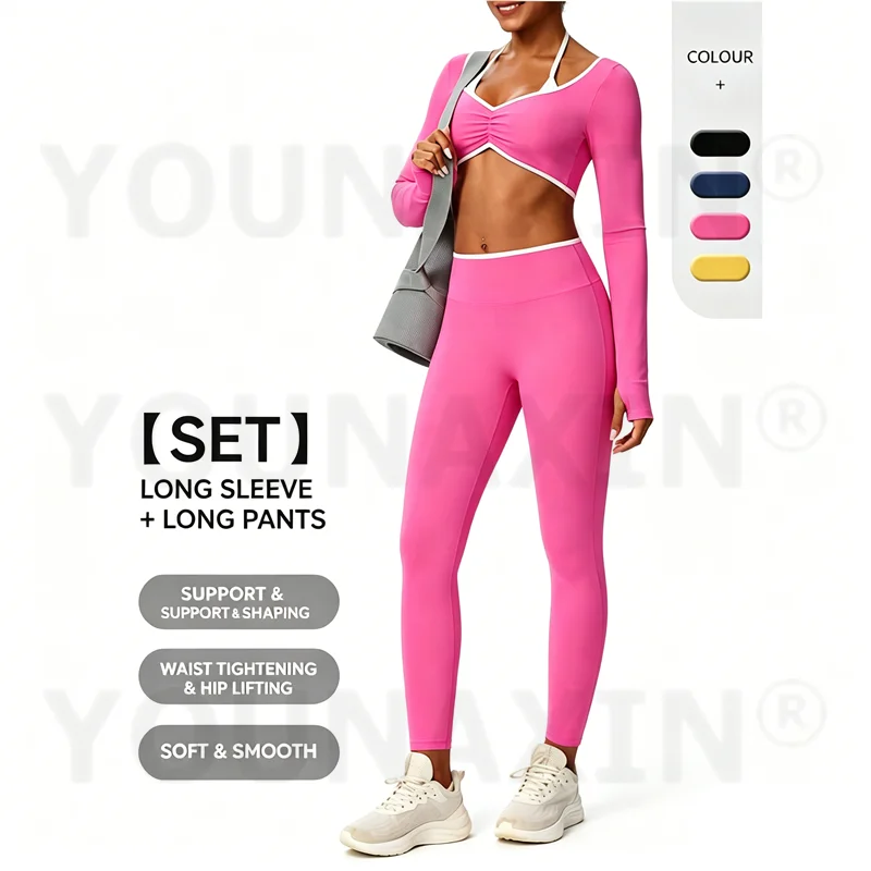 Women Yoga Clothing Suit Contrasting Colors Sexy Long-sleeved High-waisted Hip-raising Sports Pants Fitness Outdoor Running Set