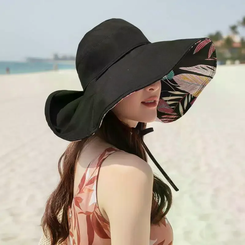 Wide Brim Reversible Sun Hat UV Protection Windproof Strap For Beach Hiking Summer Outdoor Use