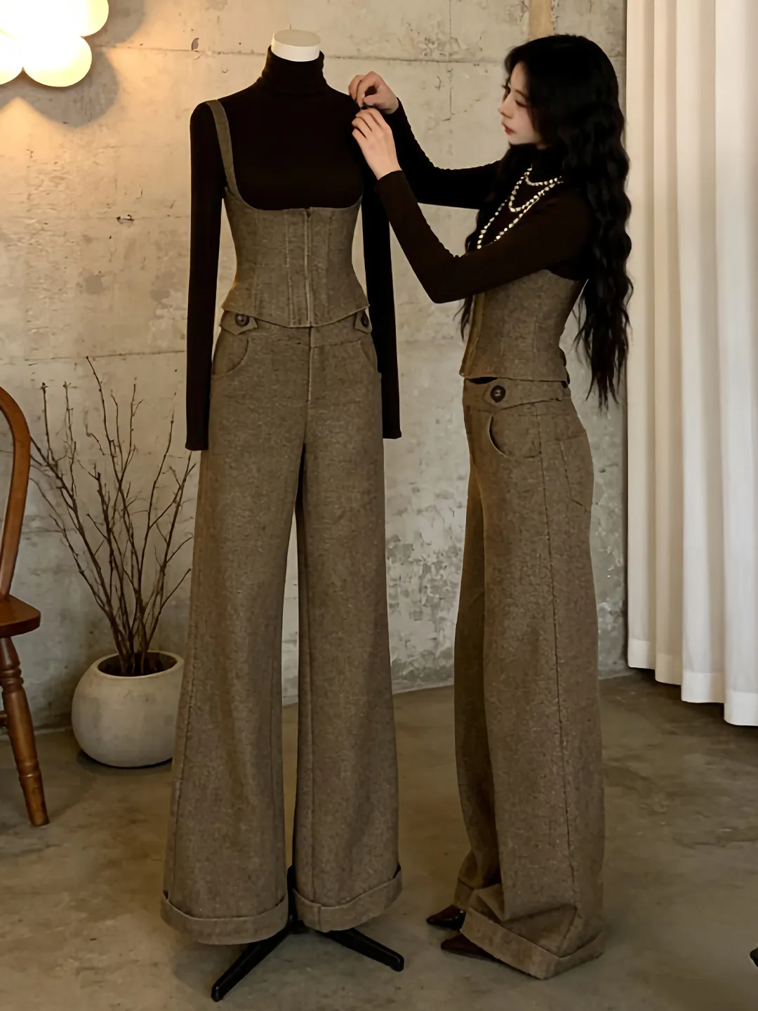 

Retro High Neck Base Shirt Vest Set Casual Wide Leg Pants Three Piece Set Spring 2026 Korean Style Women's Casual Wear