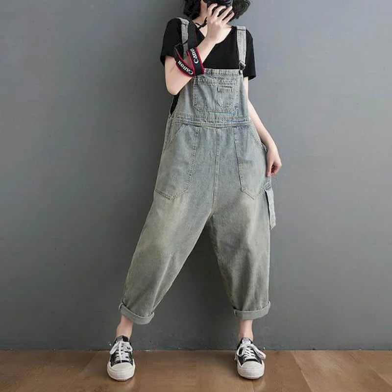 Artistic Jumpsuits for Women Pocket Design Harem Pants Vintage Streetwear One Piece Outfit Women Casual Rompers Cropped Jeans