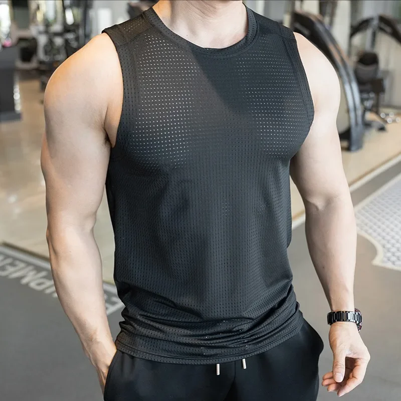 

Men's Ice Silk Mesh Tank Tops Gym Stringer Transparent Bodybuilding Quick Dry Breathable Fitness Vest Male Muscle Tops Singlets