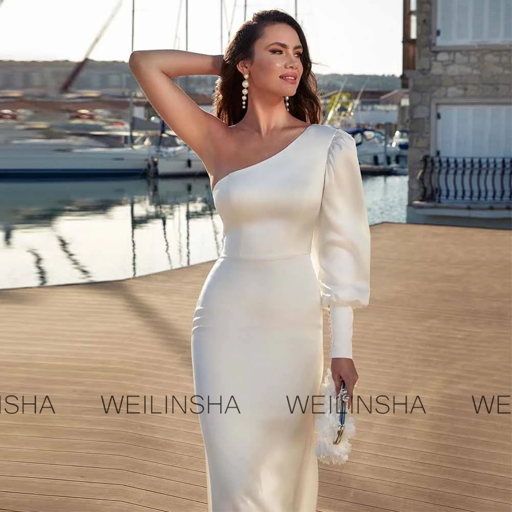 Fashion Wedding Party Dresses Satin Sheath/Column Bridal Dress Ivory One-shoulder Covered Button Pleat Wedding Guest Dress Long