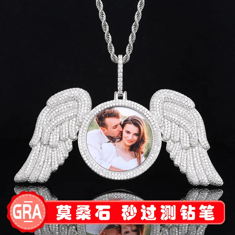 S925 silver inlaid moissanite pendant solid large angel wing photo pendant trendy hip-hop accessory