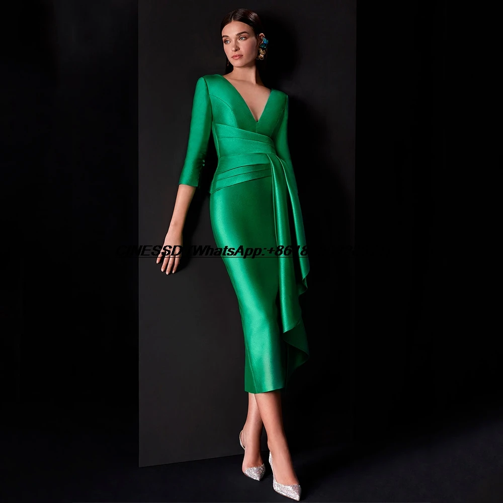 Green Wedding Guest Dresses Column V Neck 3/4 Sleeves Midi Mother of the Bride Dress Tea Length Ruffle Satin Formal Party Gowns