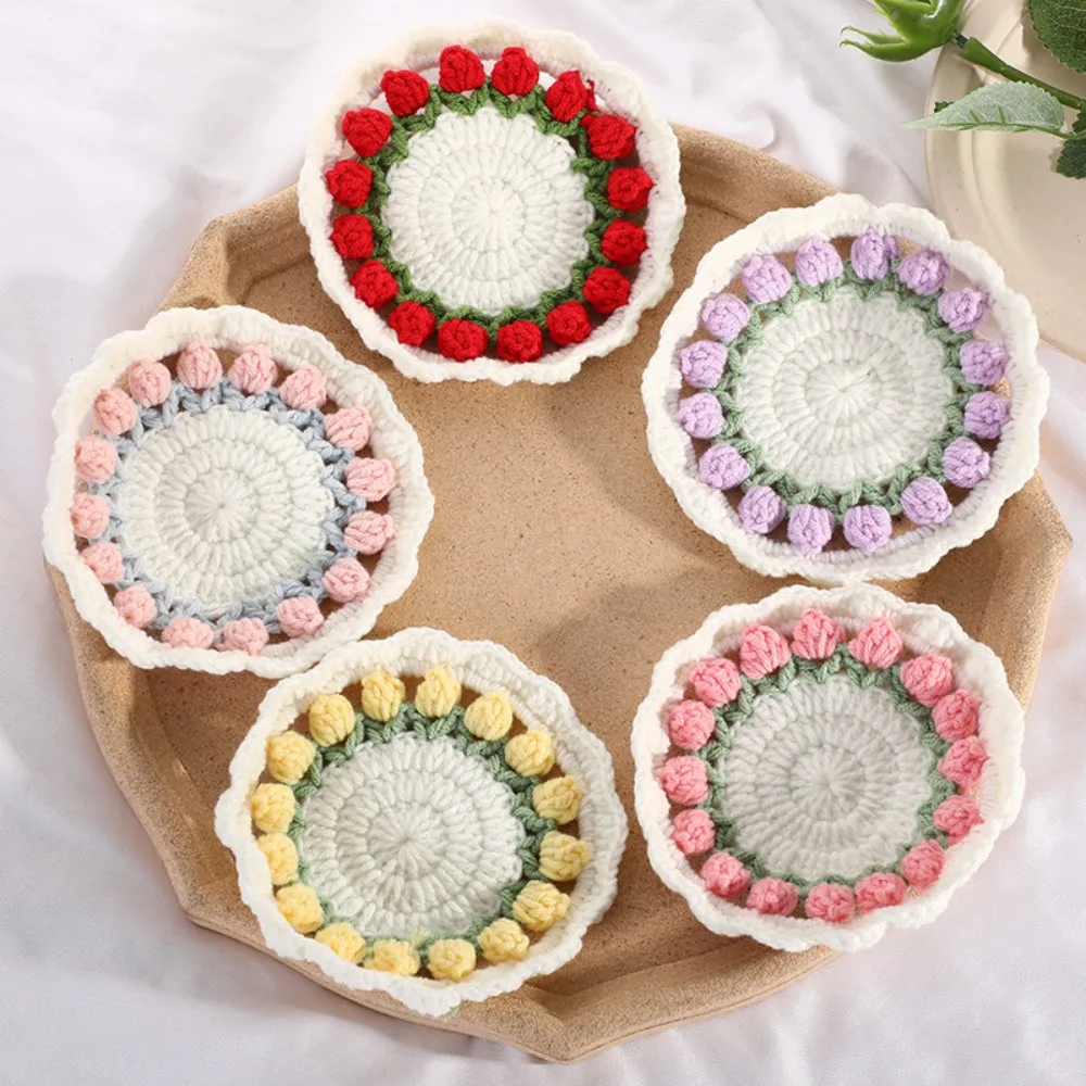 

2Pcs Handmade Crochet Floral Coasters Tulip Flower Ins Style Woven Cup Pads 13cm Reusable Hand-knitted Placemat