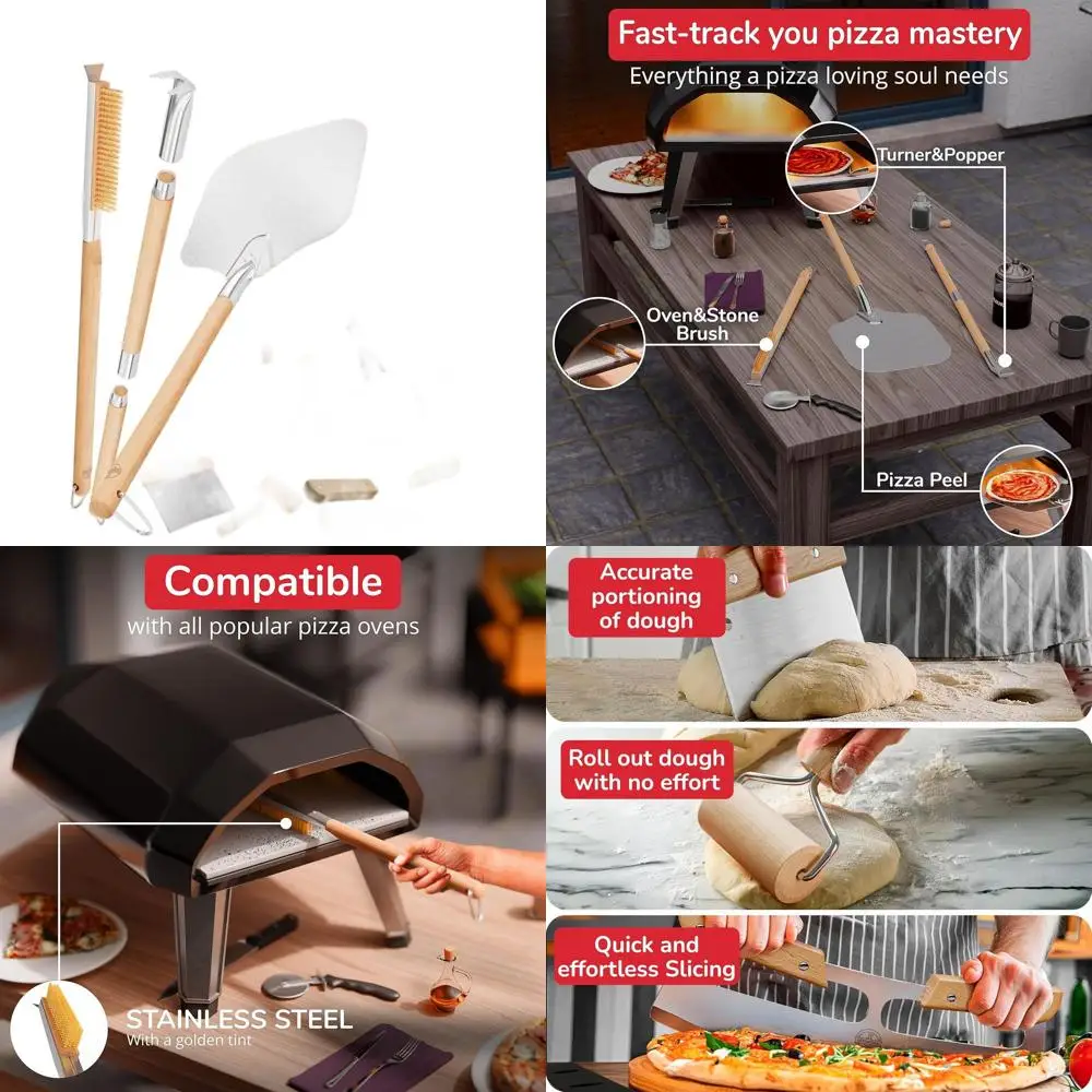 

Ultimate 6-Piece Pizza Oven Accessory Set: Pizza Peel, Brush, Turner, Cutter, Roller, Scraper for Homemade Pizzas