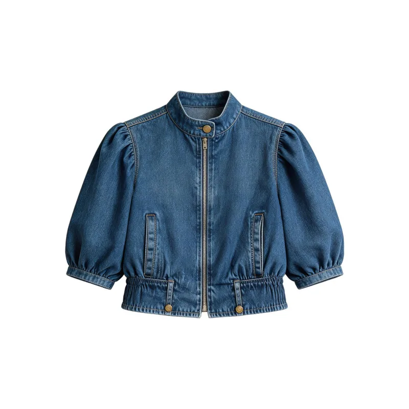 ANJY Spring Summer New Women Washed Distressed Stand Collar Puff Sleeves Denim Shirt High-End Slim Elegant Chic Short Top A23576