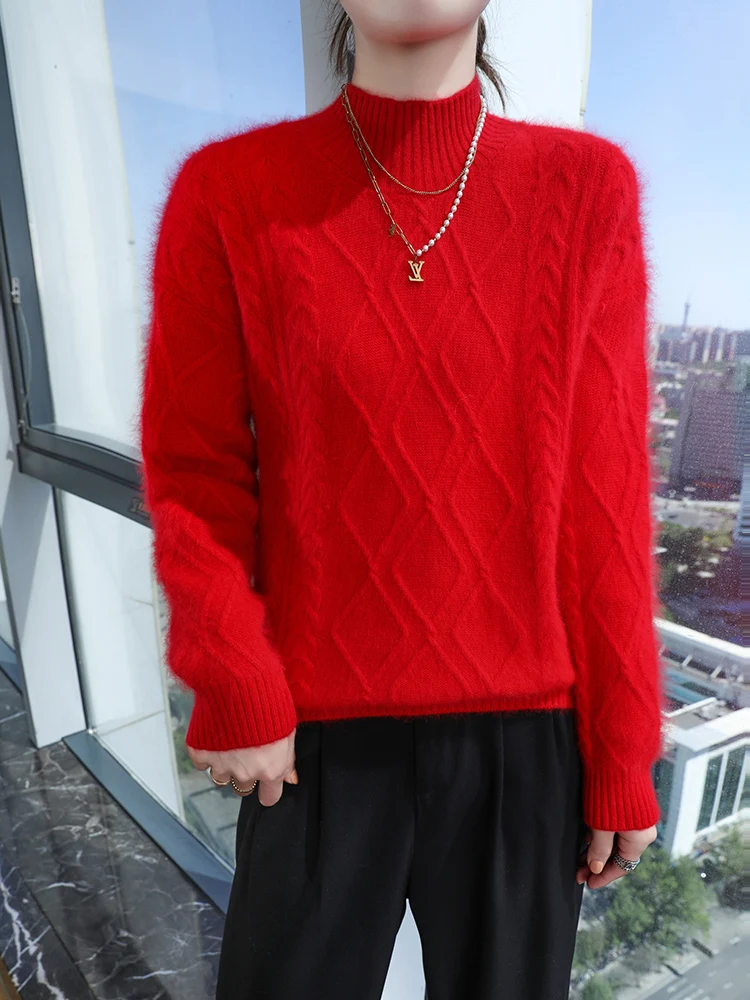 TLOML Damen-Pullover aus 100 % Nerz-Kaschmir, Stehkragen, Pullover, Herbst-Winter, solide Basic-Kaschmir-Strickwaren, weich, warm, bequem