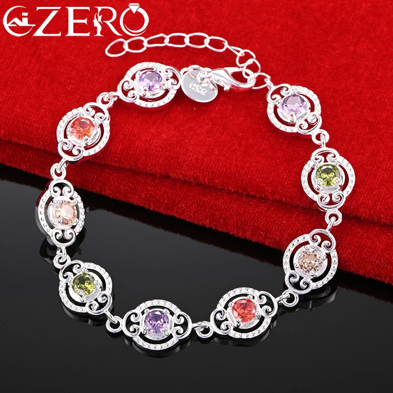 

ALIZERO 925 Sterling Silver Multicolour Crystal Chain Round Rainbow Zircon Bracelet For Woman Fashion Charm Wedding Jewelry Gift