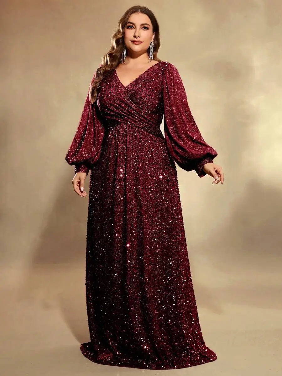 

Burgundy Sequined V-Neck Lantern Sleeve Maxi Dress for Evening Wedding Guest