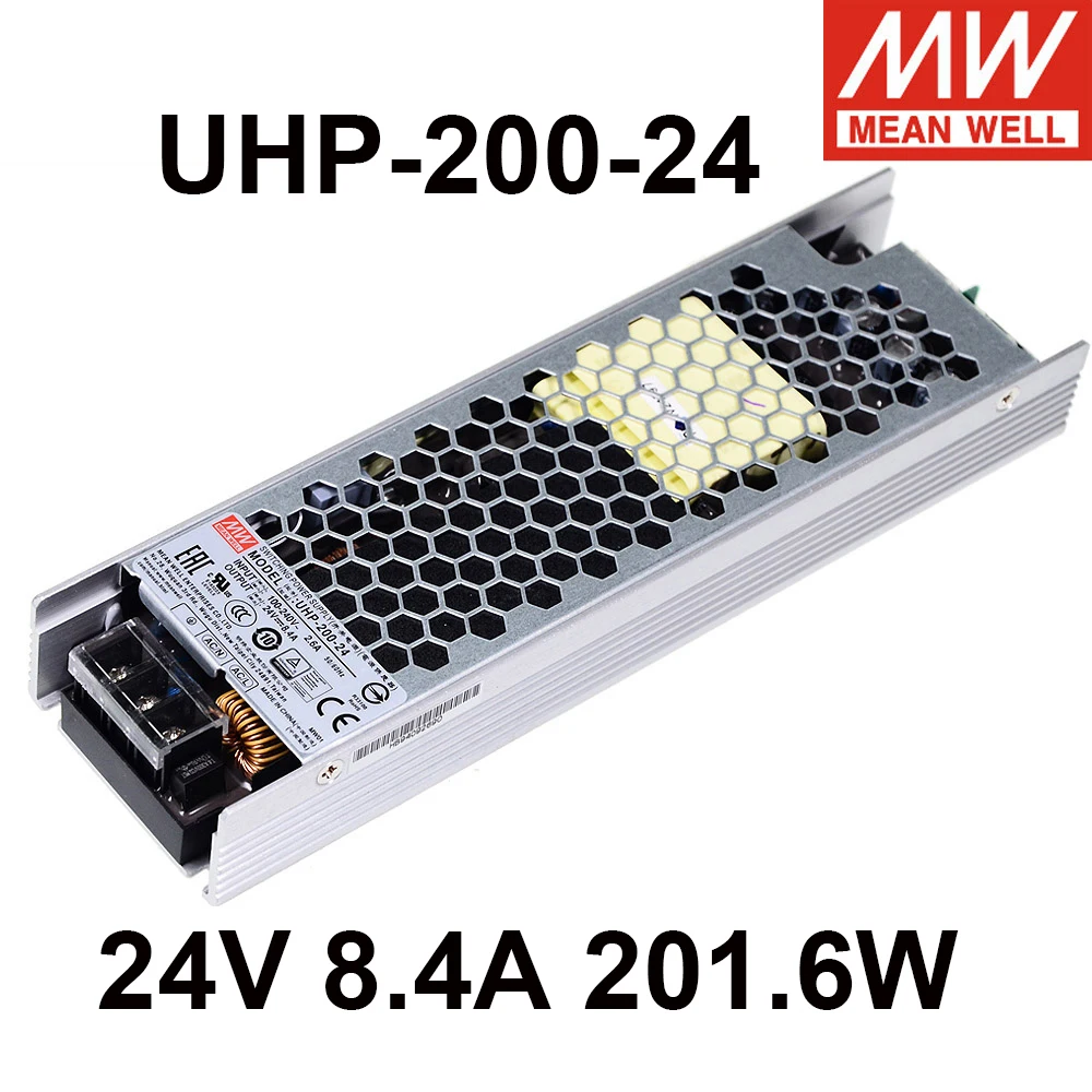 

Оригинальный блок питания Mean Well UHP-200-24, 100-240В AC/DC, 24В 8.4А 201.6Вт, с одним выходом, импульсный.