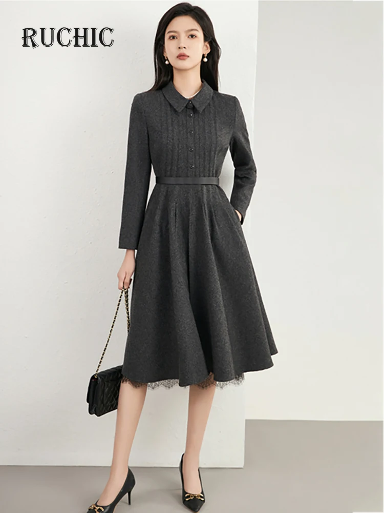 

Autumn 2024 Women's Fashion Wool Dress Lapel Long Sleeve Lace Patchwork Single Breasted Belt Waist Elegant Dresses Trendy New