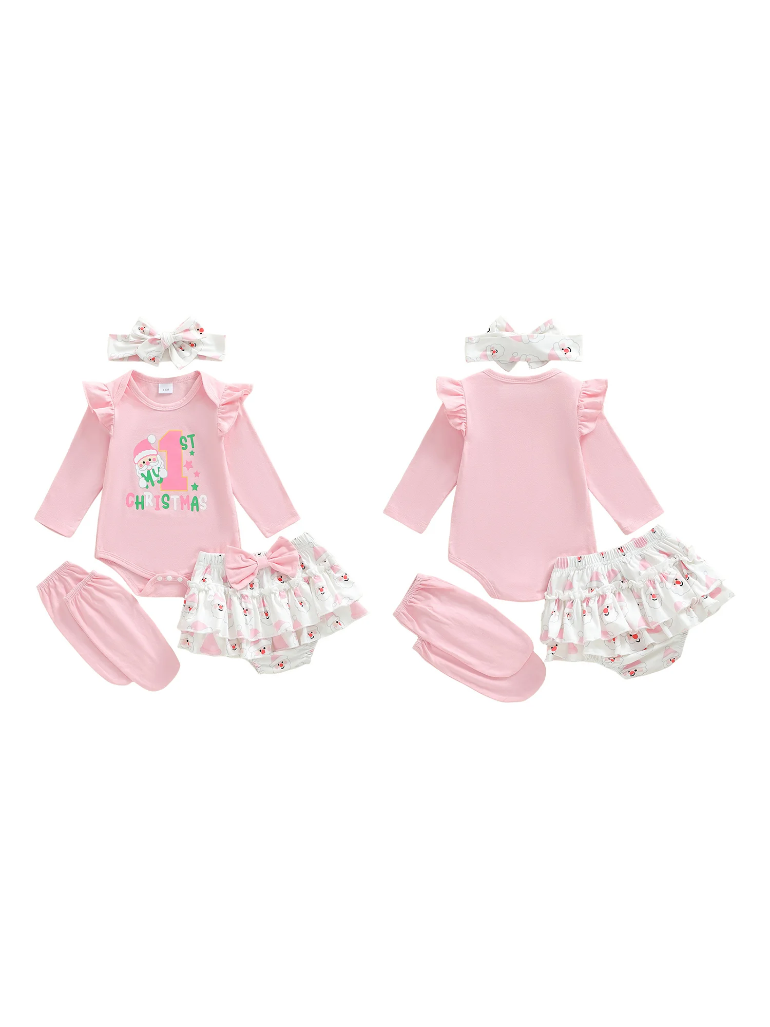 

Toddler Christmas Dress Set Letter Print Long Sleeve Romper with Round Neck Bow Tree Pattern Shorts Bow Headband and Long