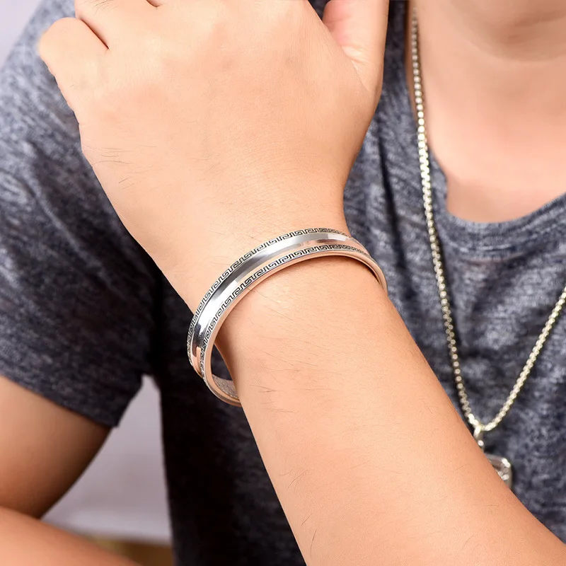 S925 Sterling Silber Armband mit Papiermuster, Konkav, Retro, Offen, Herrenarmband, Geschenk für den Freund