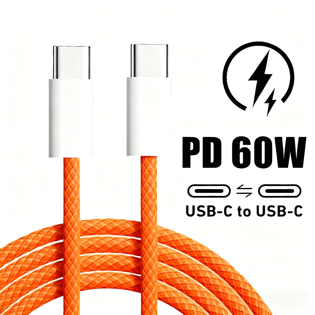 USB-C 60W PD Fast Charge Braided Cable For iPhone 17 16 15 Pro Max Samsung Xiaomi Redmi Type C to Type C Quick Charging Cables