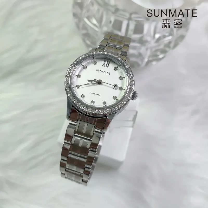 SUNMATE Ladies' Automatic Mechanical Watch, Luxurious and Stylish, Waterproof, Silver Bracelet, Women's Wristwatch with Gift Box