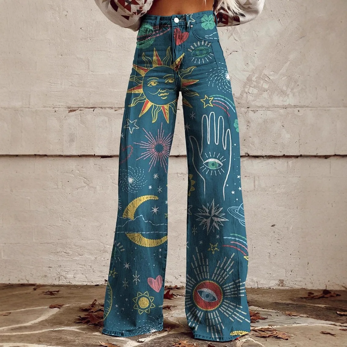 New Summer Women's Casual Fashion Printed Fake Denim Slim Fit Wide Leg Bell Bottom Pants