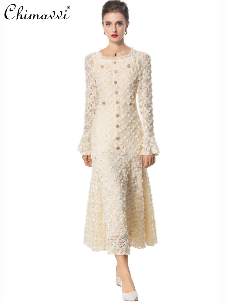 French Elegant Heavy Disc Flower Square Collar Horn Long Sleeve Retro Princess Dress High-end Fashion Lace Long Dress Autumn New