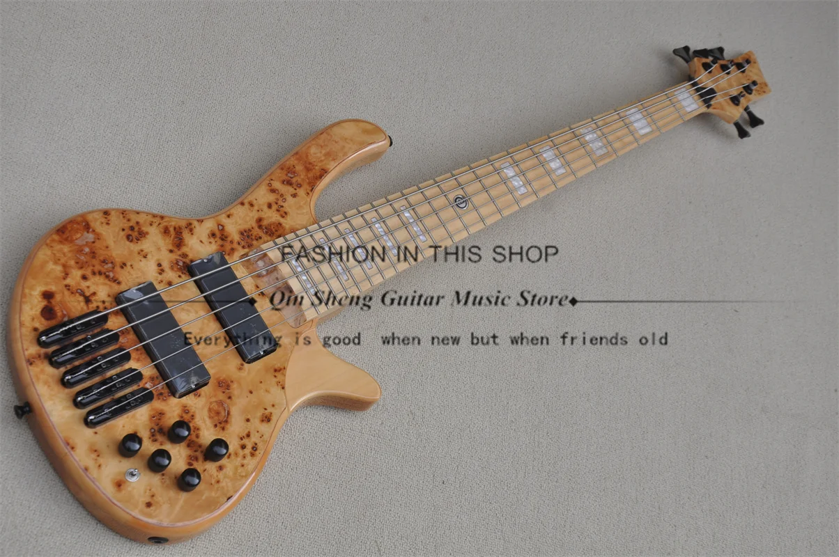 

Classic natural bass, 5 string dol bass, ash wood body, Burl maple top, black single bridge, active and passive switc