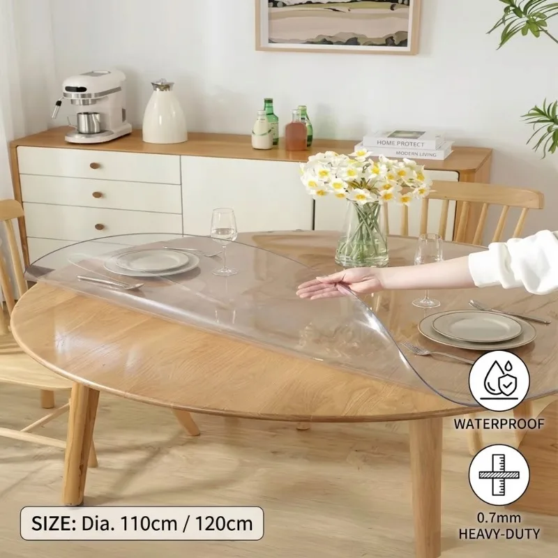 110/120cm 0.7mm Clear PVC Table Cloth Protector Transparent Round Dining Cover Mat Waterproof Oilproof Plastic Desk Pad Non-Slip