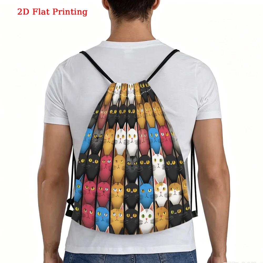 Cartoon Colorful Cats 2D Flat Printing Drawstring Backpack Fitness Sports Outdoor Travel Bag
