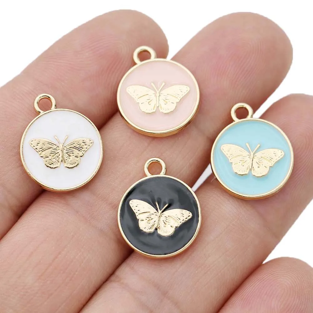 10 Uds. Colgante de mariposa esmaltado rosa chapado en oro para hacer joyería, pulsera, collar, pendientes, accesorios DIY