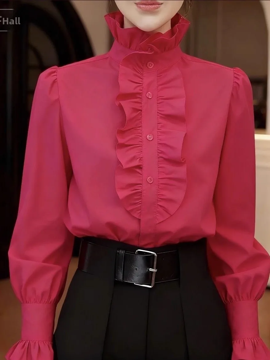 

Ele Wooden Collar Long Sve Loose Fit Slimming irt Women's Early Spring Faionable Top High Quali Fabric