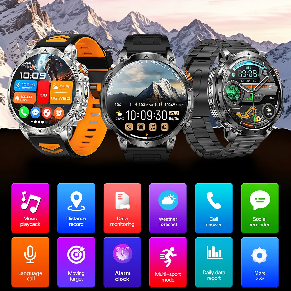 New Military Men's Outdoor Sport Smart Watch 1400mAh Battery BT Call Flashlight IP68 Waterproof 1.7' HD Large Screen Men Watch view 3