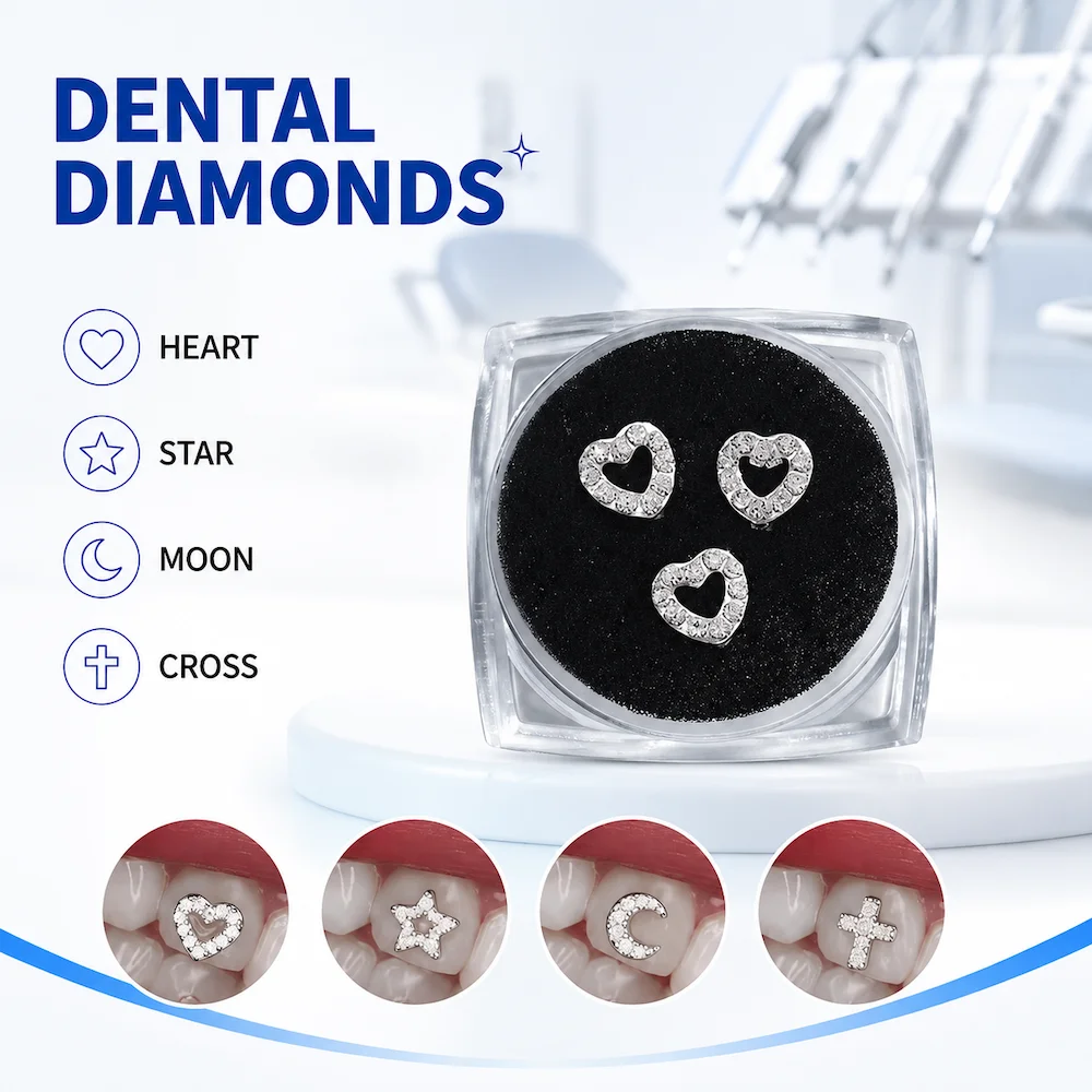 Metal Teeth Gems Star Cross Heart Shape Rhinestones Hollow Thin Style Silver Tooth Jewelry for Oral Decoration