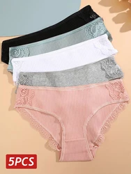 5PCS/Set Women Cotton Panties Sexy Lace Briefs Cotton Ribbed Lingerie Feamale Hollow Out Underwear Low Rise Underpants M-2XL