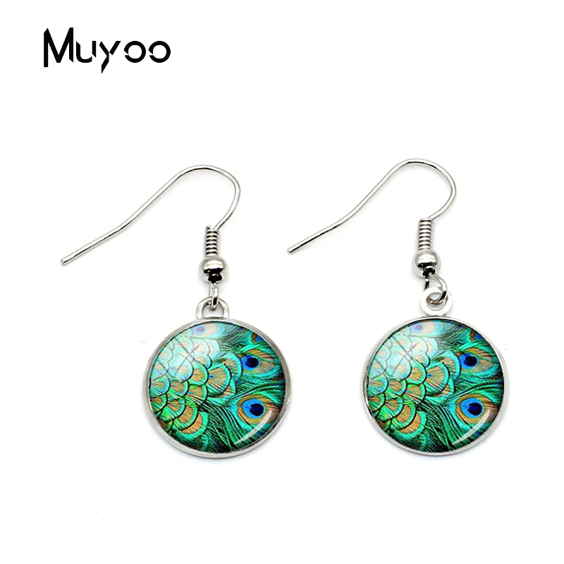 2019 Fashion Beatiful Blue Queen Peacock Bird Nature Fish Hook Earrings Jewelry Glass Dome Art Charm Animal Earrings Gifts