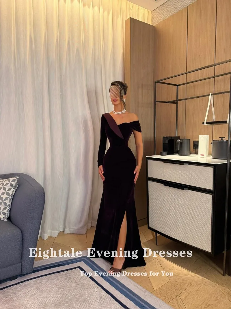 فستان سهرة أرجواني مخملي من Eightale لحفلات الزفاف مخصص بأكمام طويلة فساتين حفلات عربية رداء السهرة